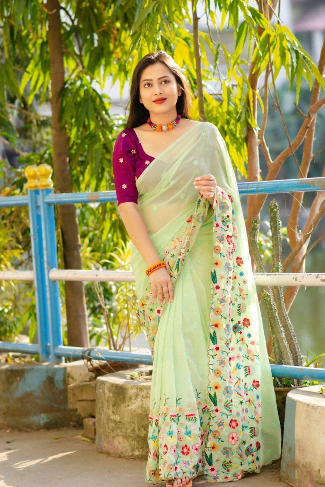Parrot Green Full Embroidery Saree